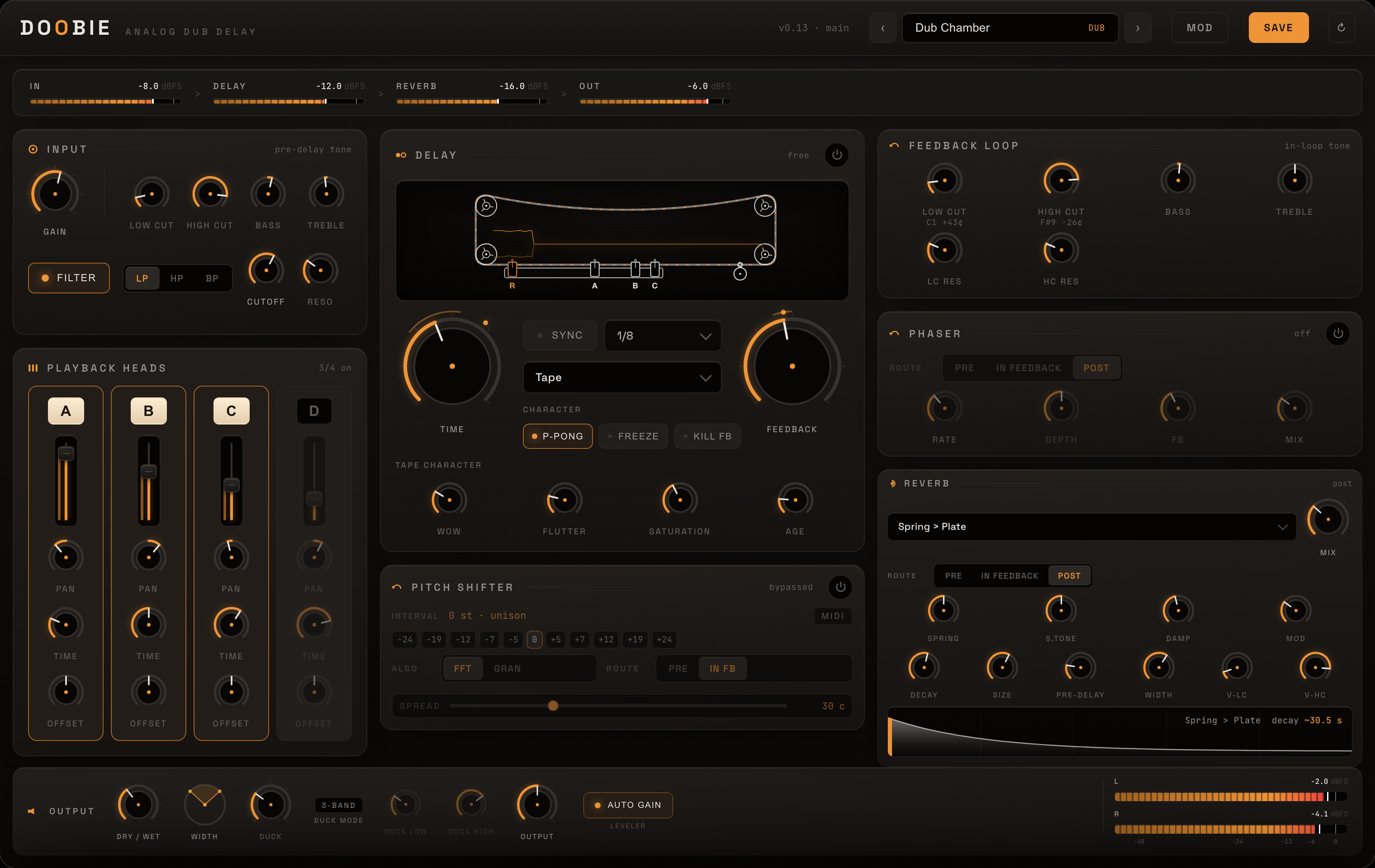 The Doobie plugin interface: delay, playback heads, tape character, pitch shifter, phaser and reverb panels, each with pre / post / feedback routing.